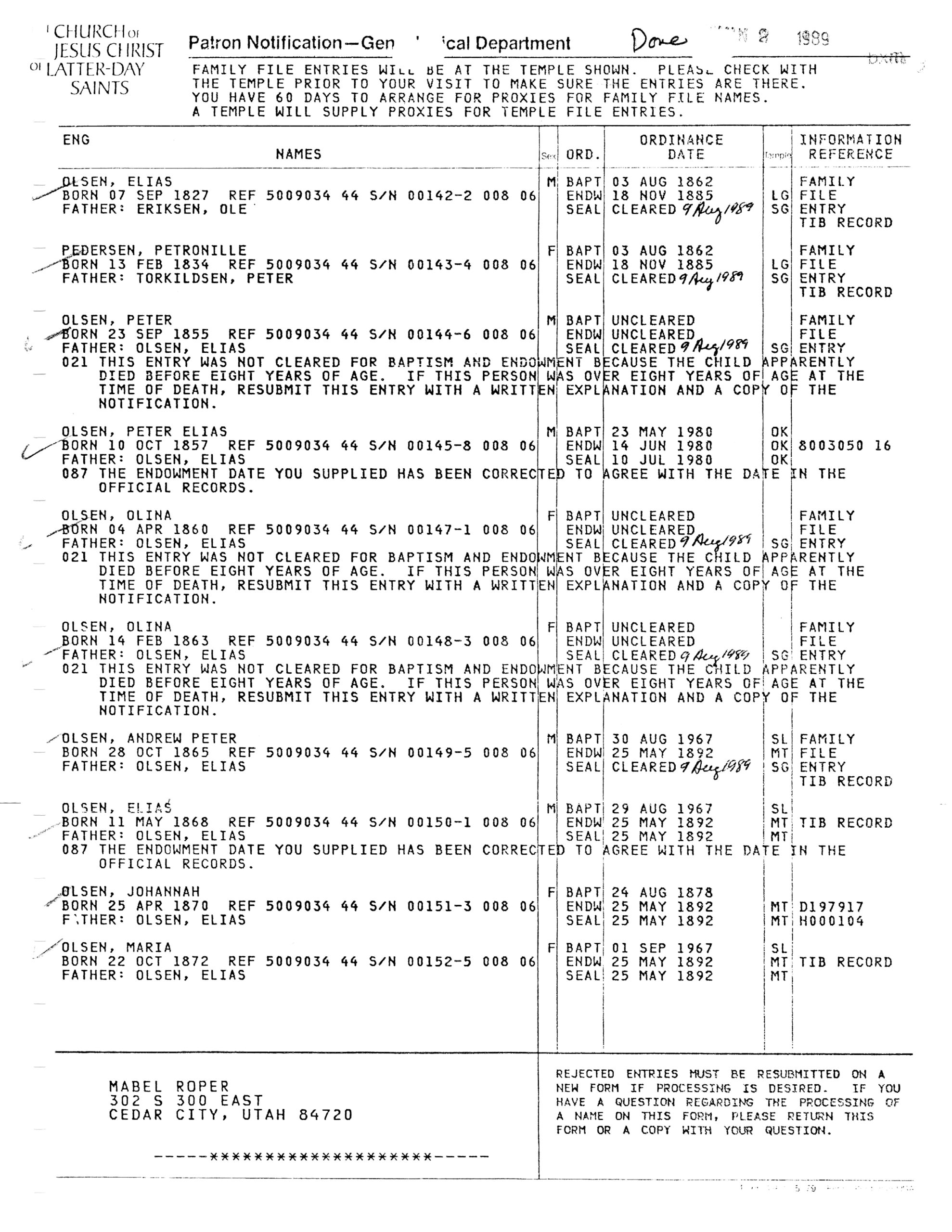 Elias Olsen and Petronelle Pedersen Patron Notification Sheet