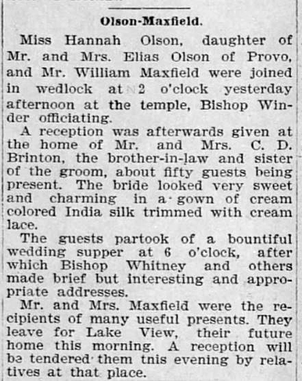 Marriage of Hannah Olsen and William Maxfield 30 Nov 1893 S L Herald