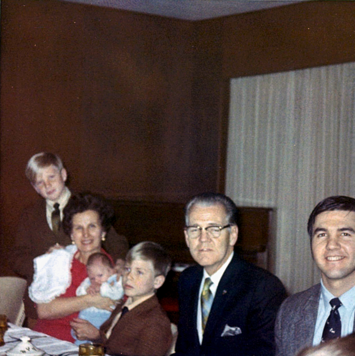 706 Ned, Elaine, Adam, Nalin, Vard and Nelden at Adam's babyblessing Feb 1970