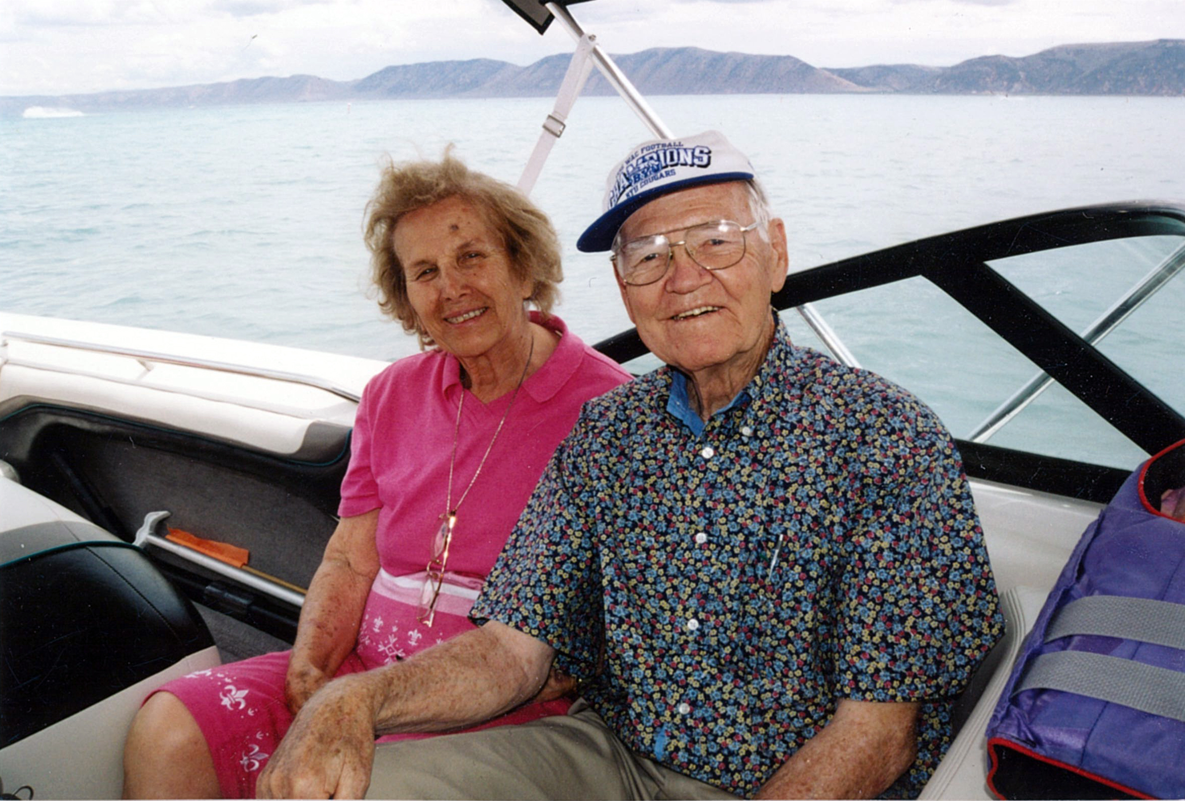 Vard and Elaine at Bear Lake on a boat
