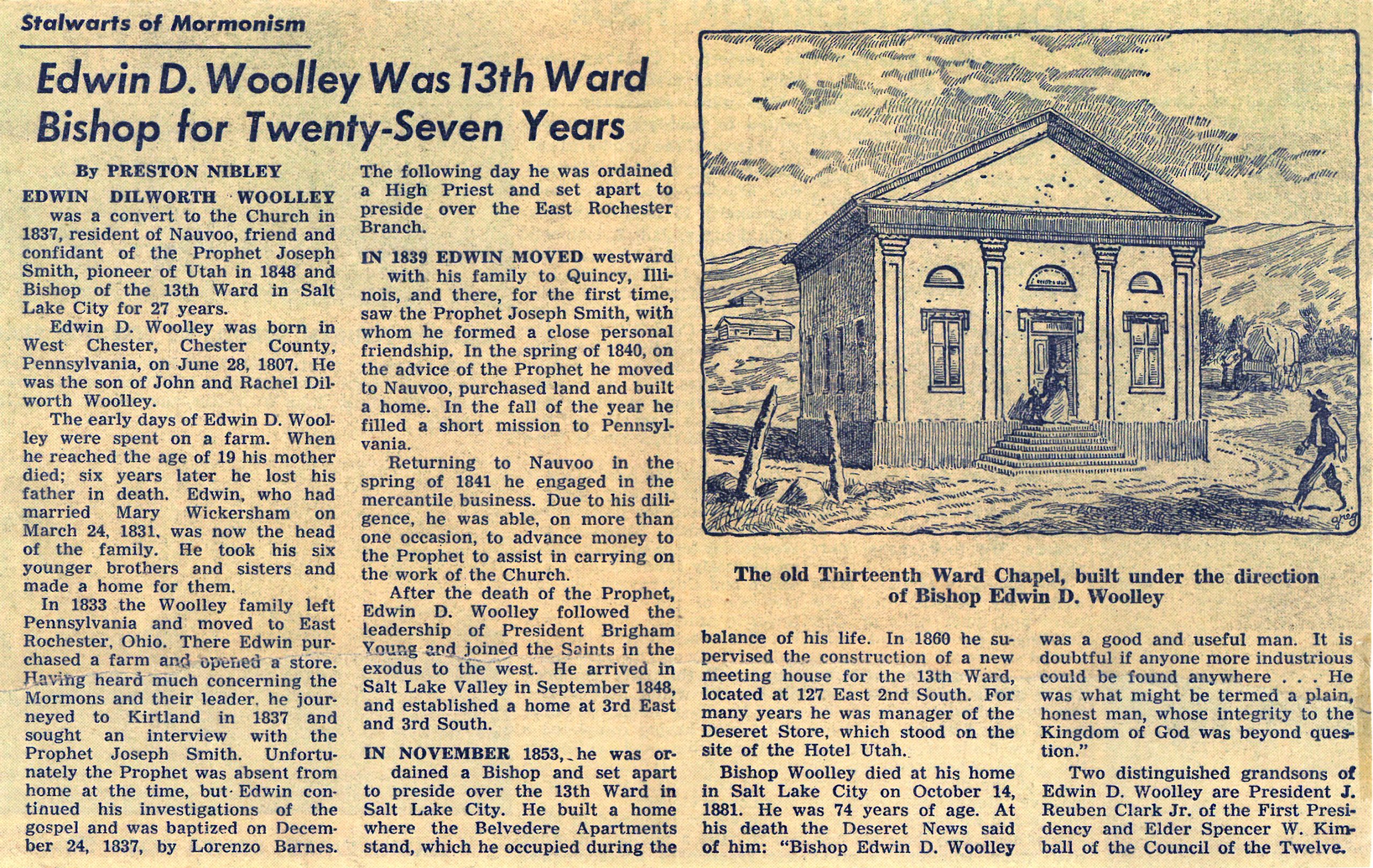 Edwin D Woolley 13th Ward Bishop 27 years